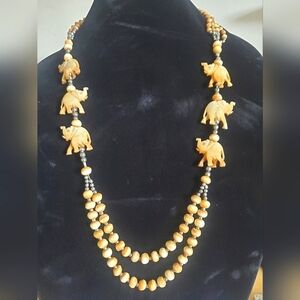 Carved Bone Bead Necklace With Silver Beads